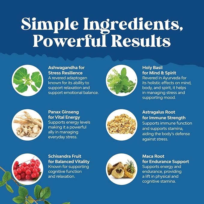 Herbal Adaptogen Mood Support Supplement - Calming Adaptogens Supplement for Stress & Cortisol Management with Ashwagandha Rhodiola Rosea & Maca Root - Vegan & Daytime Friendly - 60 Count