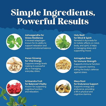 Herbal Adaptogen Mood Support Supplement - Calming Adaptogens Supplement for Stress & Cortisol Management with Ashwagandha Rhodiola Rosea & Maca Root - Vegan & Daytime Friendly - 60 Count