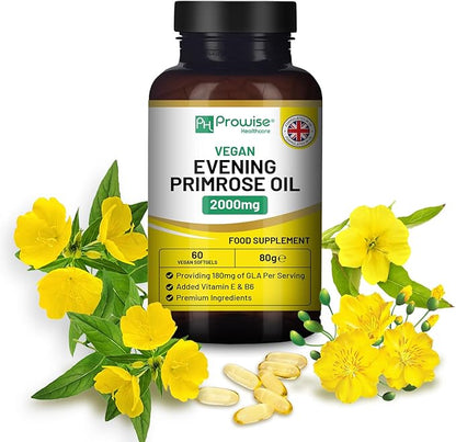 Vegan Evening Primrose Oil 2000mg with Vitamin E & B6 – 60 Vegan Softgels| Pure Cold Pressed I 180mg GLA per Capsule I Women's Health I Premium Quality I by Prowise Healthcare