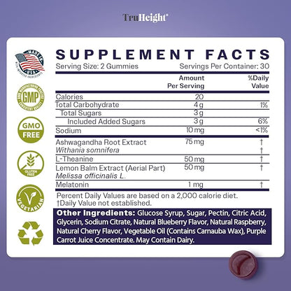 TruHeight Sleep Gummies - Kids & Teen Natural Sleep Aid for Tall & Growing Bodies - Pediatric Recommended Growth - Melatonin Gummy, Ashwagandha, L-Theanine, Lemon Balm - Mixed Berry, Taller Ages 4+