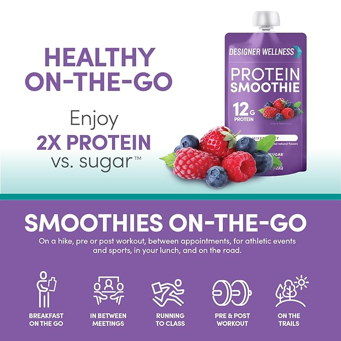 Designer Wellness Protein Smoothie, Real Fruit, 12g Protein, Low Carb, Zero Added Sugar, Gluten-Free, Non-GMO, No Artificial Colors or Flavors, Mixed Berry, 12 Count