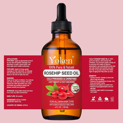 Yoken Rosehip Seed Oil for Face, 100% Pure and Natural Cold Pressed Unrefined Organic Rosehip Carrier Oil for Skin, Hair, Body & Nails - Lightweight, Fast-Absorbing (4 fl oz)