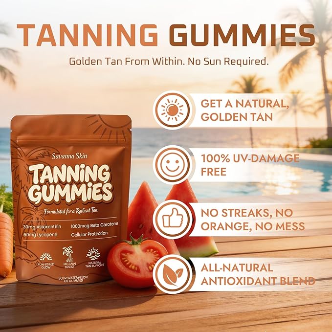 velura Savanna Skin Tanning Gummies, Astaxanthin & Lycopene Complex for Natural Sun-Kissed Glow & Hydration, Watermelon, Vegan, Sugar Free – 60 Count