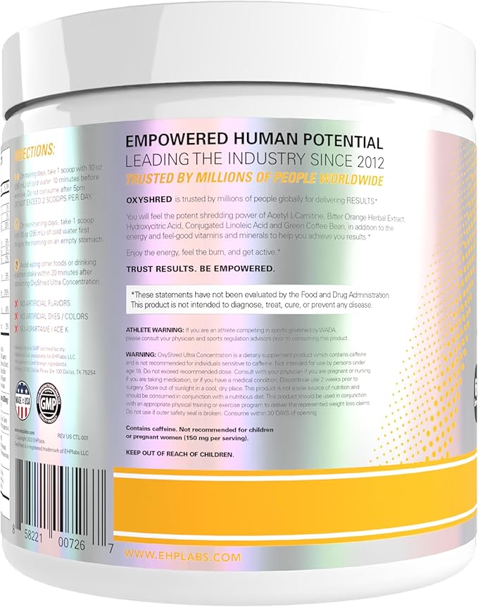 EHP Labs OxyShred Pre Workout Powder - Preworkout Powder with L Glutamine & Acetyl L Carnitine, Energy Boost Drink - Mango, 60 Servings