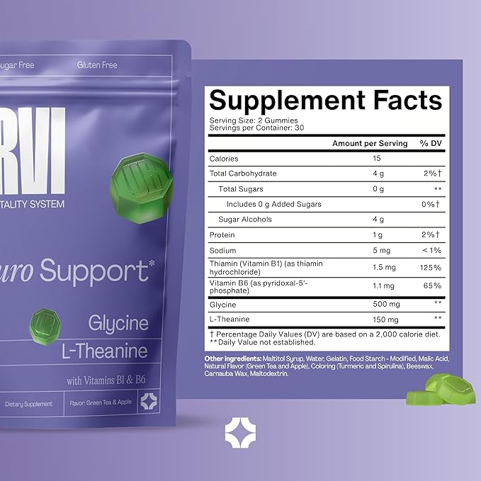 URVI® Neuro Gummies – 500mg Glycine, 150mg L-Theanine (high Potency), Vitamins B1 & B6 for Rest & Sleep, Relaxation, Calm Focus, Stress Relief – Caffeine- & Sugar-Free– Green Tea & Apple – 60 Count