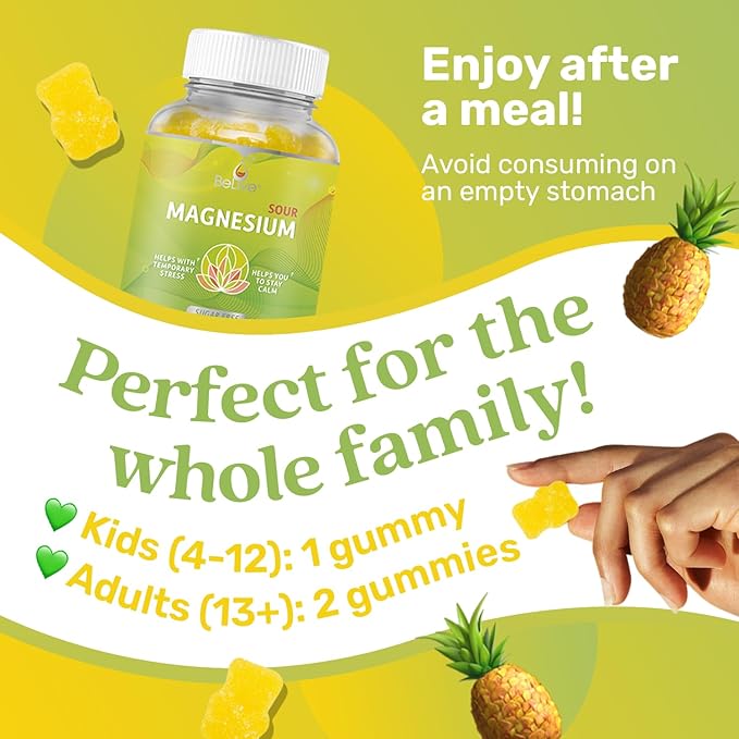 BeLive Magnesium Gummies 200mg - 60 Ct | Magnesium Glycinate Supplements for Relaxation, Stress Relief, and Sleep for Adults & Kids - Tasty and Tangy Pineapple Flavor
