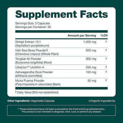 Urolithin-A Complex w Shilajit, Organic Sea Moss, Ashwagandha & Tongkat Ali, Natural Energy, Libido, Hormone Balance, and Focus for Men & Women (Made in USA - 3rd Party Tested)