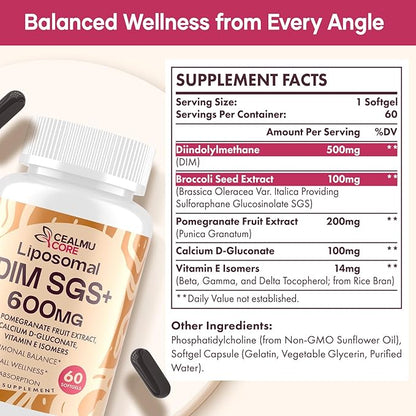 Liposomal DIM SGS Supplement - Estrogen Supplements for Women & Men Contains Sulforaphane Glucosinolate, Vitamin E, Pomegranate Fruit - Support Detox and Antioxidant (2 Pack)