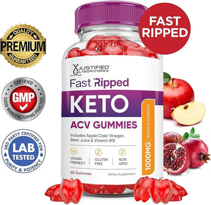 Justified Laboratories (5 Pack Fast Ripped Keto ACV Gummies Advanced Formula 1000MG Fast Ripped Formulated with Pomegranate Beet Juice Powder B12 Vegan Non GMO 300 Gummys