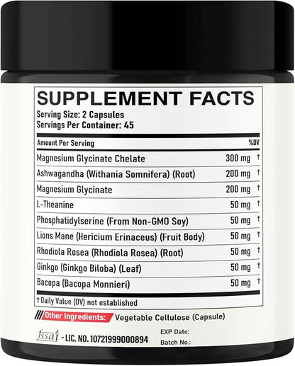 9in1 Cortisol Supplement - Ashwagandha and Magnesium Glycinate and Chelate - Brain Health & Restful Night & Mood Balance - 90 Capsules Supply 45 Days