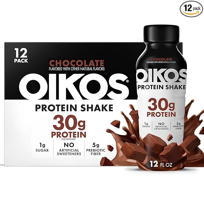 Oikos Protein Shake, Chocolate, 30g High Protein Drinks, Shelf Stable, Ready to Drink, 5g Prebiotic Fiber, 12 fl oz Bottle, 12 Count