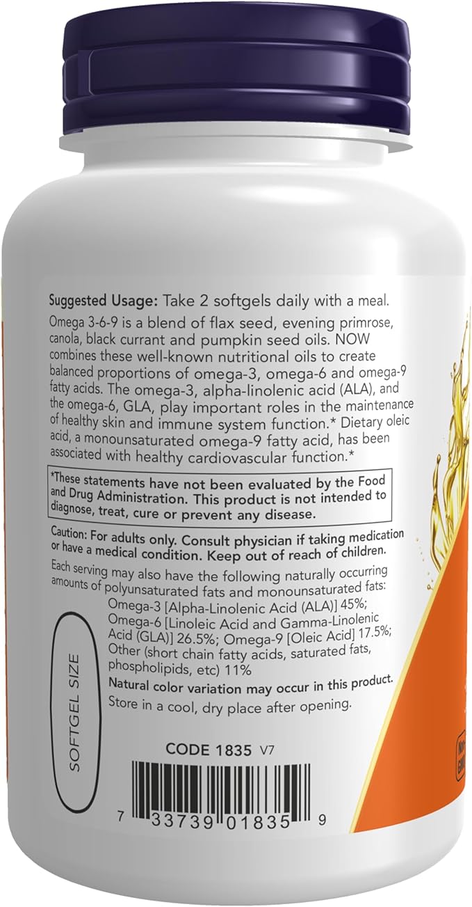 NOW Foods Supplements, Omega 3-6-9 1000 mg with a blend of Flax Seed, Evening Primrose, Canola, Black Currant and Pumpkin Seed Oils, 100 Softgels