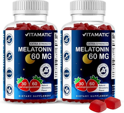 Vitamatic Sugar Free Melatonin 60 mg - 60 Vegetarian Gummies - Non-Habit Forming Supplement- 2 Pack