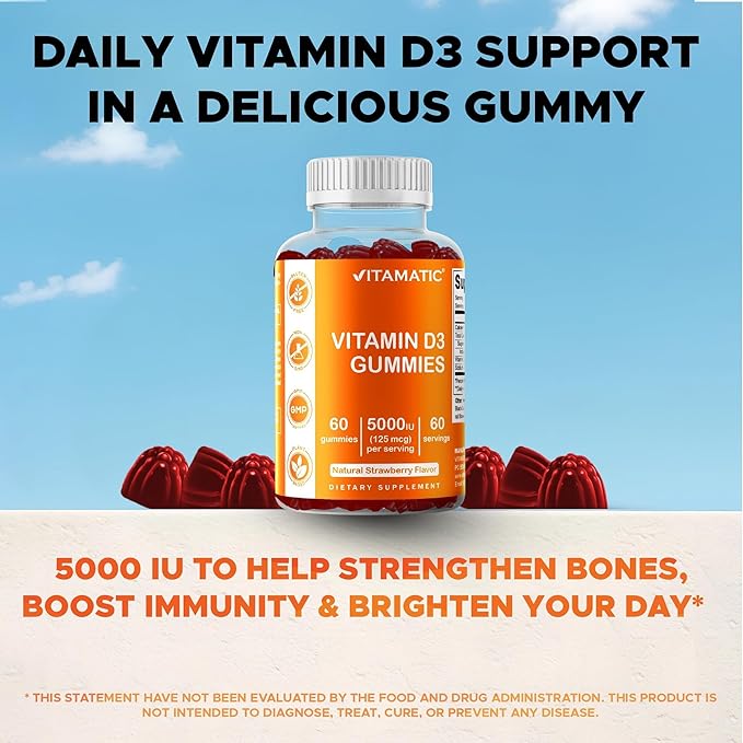 Vitamatic Vitamin D3 Gummies – 5000 IU Per Gummy – 60 Gummies