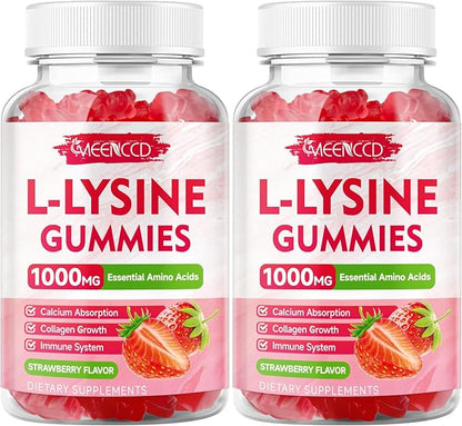 MEENCCD 2 Pack L-Lysine 1000mg Gummies, Lysine Supplement for Adults & Kids, Essential Amino Acid for Oral & Lips Health, Boost Immune & Calcium & Collagen, Sugar-Free, Strawberry Flavor, 120 Count