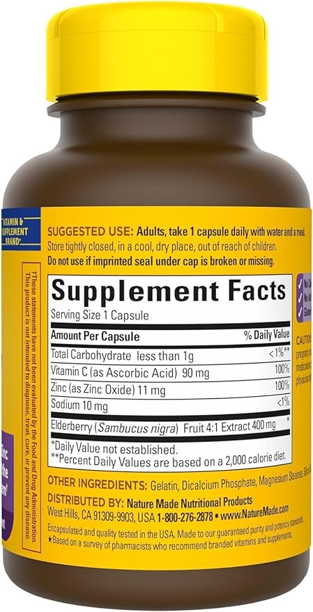 Nature Made Elderberry 400 mg Extract with Vitamin C and Zinc, Dietary Supplement for Immune Support, 60 Capsules, 60 Day Supply (Pack of 2)