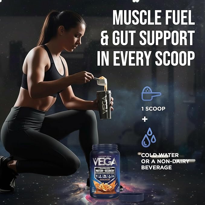 Vega Sport Vegan Protein Powder + Recovery - 30g Plant Based Protein per Serving, Peanut Butter, 19 Servings, 5g BCAAs, Probiotics, NSF Certified, for Shakes & Smoothies, 1.8lbs (Packaging May Vary)