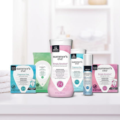 Summer's Eve Simply Sensitive Feminine Wipes, Gentle pH-Balanced Micellar Water Based Formula Helps Control Vaginal Odor, Individually Wrapped Wipes, 12 Count