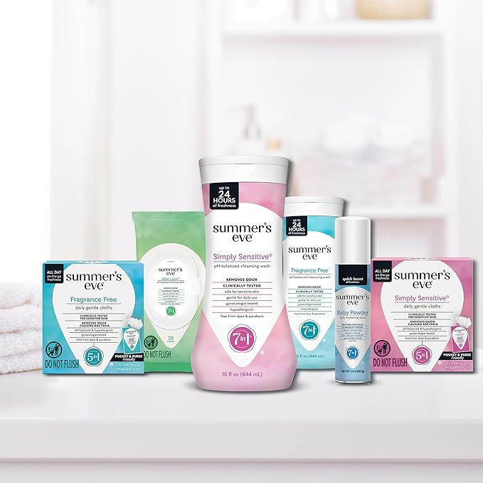 Summer's Eve Simply Sensitive Feminine Wipes, Gentle pH-Balanced Micellar Water Based Formula Helps Control Vaginal Odor, Resealable Pack, 32 Wipes, Pack of 4