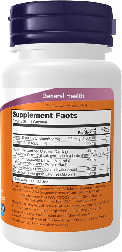 NOW Supplements, UC-II Advanced Joint Relief with Undenatured Type II Collagen, plus Hyaluronic Acid, Boron, Vitamin D-3, 60 Veg Capsules