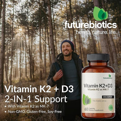 Futurebiotics Vitamin K2 (MK7) with D3 Supplement - Non-GMO Formula - 5000 IU Vitamin D3 & 90 mcg Vitamin K2 MK-7, 250 Vegetarian Capsules
