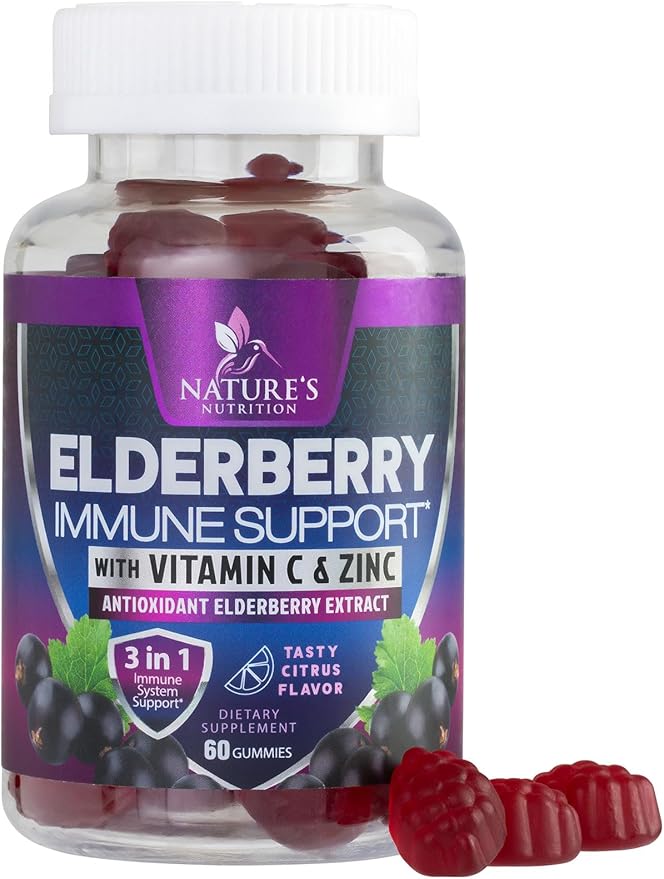 Elderberry Immune Support Gummies - 3X Strength Sambucus Elderberry Gummy with Vitamin C, D3 & Zinc - Nature’s Black Elderberry Extract - Immune Support Supplement for Adults & Kids - 60 Gummies