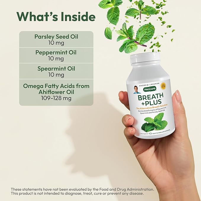 ANDREW LESSMAN Breath Plus 60 Softgels - Natural Breath Freshener, Helps Eliminate Odors from Food, Smoking, Morning Breath from The Inside Out. Peppermint, Spearmint. Easy to Swallow Softgels