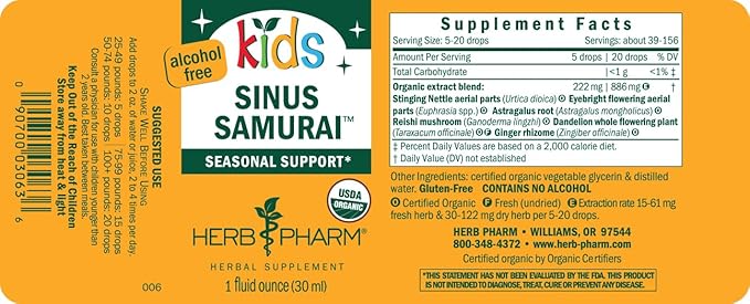 Herb Pharm Kids Certified- Alcohol-Free Sinus Samurai Liquid Herbal Formula, Organic, 1 Fl Oz