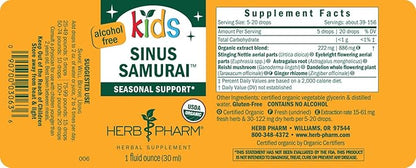 Herb Pharm Kids Certified- Alcohol-Free Sinus Samurai Liquid Herbal Formula, Organic, 1 Fl Oz