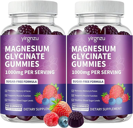 Magnesium Glycinate Gummies 1000mg, Sugar Free Magnesium Potassium Supplement with Vitamin D, B6, CoQ10 for Sleep Support, Stress & Muscle Relief - 120 Mixed Berry Flavored Gummies
