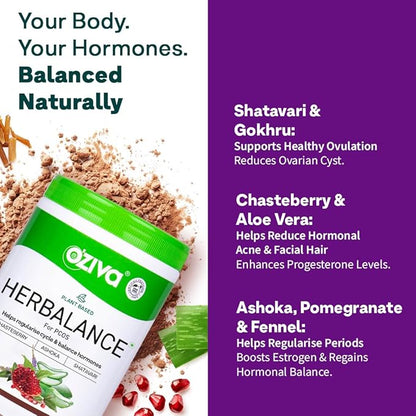 OZIVA Plant Based HerBalance for PCOS | PCOS Supplement for Women for Hormonal Balance & Better Menstrual Cycle | PCOS Drink with Inositol, Shatavari,Chasteberry, Ashoka Certified Clean & Vegan, 250g