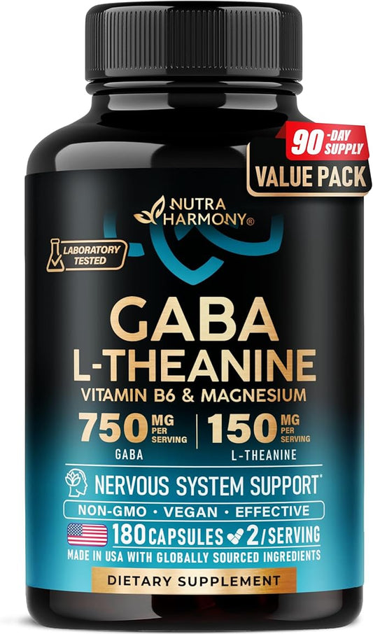 GABA L-Theanine 900 mg - Made in USA - Magnesium | Vitamin B6 - Calm, Sleep, Relaxation & Mood Support - 750 mg Gamma AminoButyric Acid, 150 mg L-Theanine - Non-Habit Forming, Vegan - 180 Capsules
