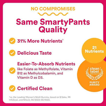 SmartyPants Women's Multivitamin Gummies, Omega 3 (DHA/EPA), Methylfolate, CoQ10, Vitamin D3, C, Vitamin B12, B6, A, K & Zinc, Inositol, Gluten Free, 120 Count (40 Day Supply)