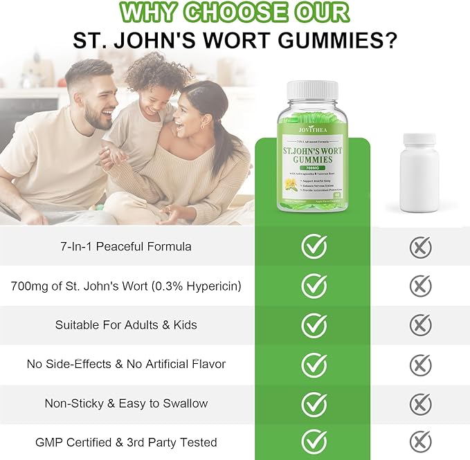 2 Pack St John's Wort Gummies 700mg, Natural Herbal Supplement for Adults & Kids, Support Calm, Relaxation & Brain Health, Vegan, Non-GMO, Gluten Free, Apple Flavor, 120 Count
