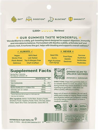 Plant People WonderBiome 2-in-1 Prebiotic + Probiotic Gummies – Zero-Sugar Vegan Digestive Health & Bloating Relief – 5 Billion CFU Bacillus Subtilis DE111 + Artichoke & Chicory – 60 Count