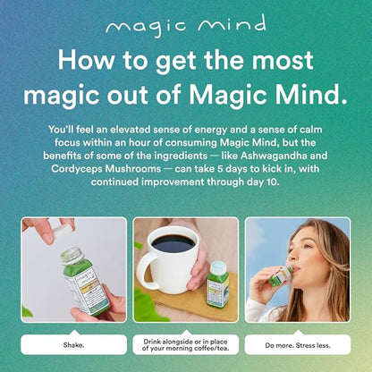 Magic Mind Focus Energy Drink Shots - No Jitters, Stress Relieving, Ashwagandha, Functional Mushrooms, Matcha Green Tea, Vitamin B12, Vitamin C - 2 FL Oz (5 Pack)