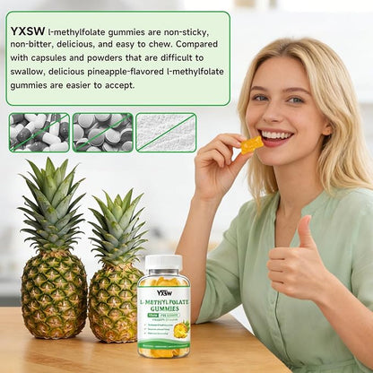 L-Methylfolate Gummies 15mg, Methylfolate Supplement, Folate Supplement for Support Mood, Brain Health, Immune System, Sugar Free, Pineapple Flavor, 60 Count
