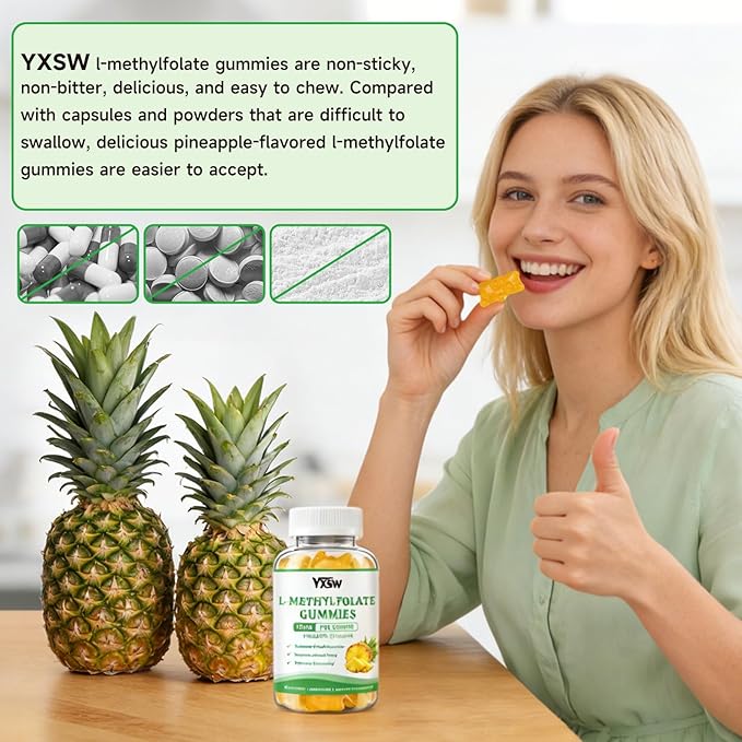 L-Methylfolate Gummies 15mg, Methylfolate Supplement, Folate Supplement for Support Mood, Brain Health, Immune System, Sugar Free, Pineapple Flavor, 120 Count