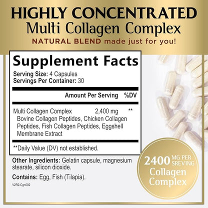 Multi Collagen Peptides for Women & Men - 2400mg per Serving - Best Hydrolyzed Collagen Complex with Type I, II, III, V, X - Hair, Skin, Nails & Joint Support Supplement - Bottled USA - 120 Capsules
