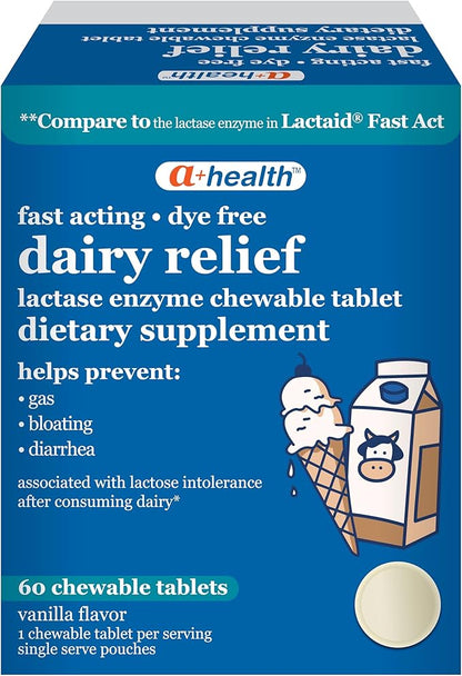 A+Health Dairy Relief Lactase Enzyme 9000 FCC Chewable Tablets, 60 Count, Fast Acting, Dye-Free, Dietary Supplement, Vanilla Flavor, Single Serve Pouches, for Adults and Children 4 Years and Up