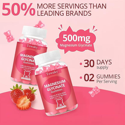 Magnesium Glycinate Gummies 2 Bottles, Sugar-Free for Adults & Kids, Magnesium Gummy for Relaxation, Stress & Muscle Relief, Supports Bone & Nerve Health, Vegan, Pectin-Based, Strawberry Flavor