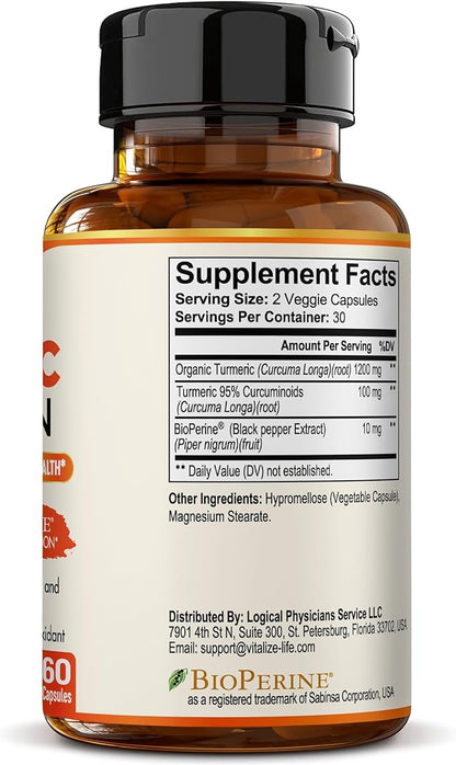 Organic Turmeric Curcumin Supplement Capsules – Made in USA – Extra Strength with BioPerine and 95% Curcuminoids for Joint Health and Healthy Inflammation Support – 60 Vegan Pills