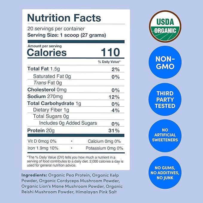 Further Food Organic Vegan Protein Powder Unflavored – 20g Pea Protein with Mushrooms & Seaweed, Non-GMO, Gluten Free, Sugar Free, 20.46 Oz