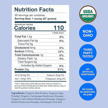 Further Food Organic Vegan Protein Powder Unflavored – 20g Pea Protein with Mushrooms & Seaweed, Non-GMO, Gluten Free, Sugar Free, 20.46 Oz