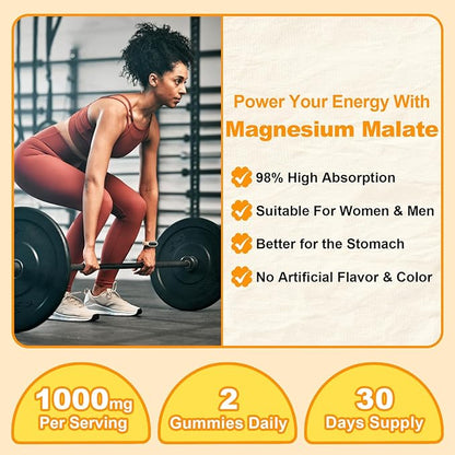 Magnesium Malate Gummies 1000mg, High Absorption Magnesium Supplements for Adults & Kids, with L-Theanine, CoQ10 & Vitamin B6, Support Energy Production, Muscle Function, Non-GMO, Vegan, 60 Ct
