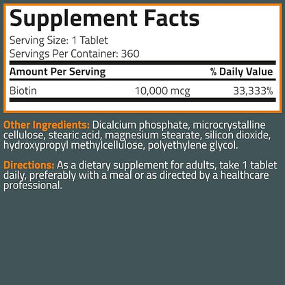 Bronson Biotin 10,000mcg, Supports Healthy Hair, Skin and Nails, Vegetarian, Non-GMO, 360 Tablets