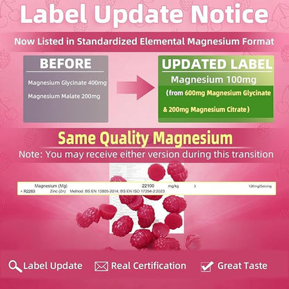 Magnesium Glycinate Gummies, Sugar Free Magnesium Supplement w/Ashwagandha, Zinc, Vegan Magnesium Glycinate Supplement for Adults - 60 Cherry Gummies