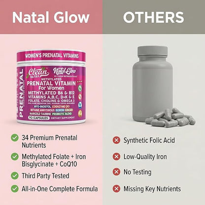 Natal Glow Methylated Prenatal Vitamins for Women Folate Omega 3 Vitamins A B12 C D3 E K2 Iron Riboflavin Biotin Choline Calcium Iodine Magnesium Zinc Selenium Copper Manganese by Clean Nutra
