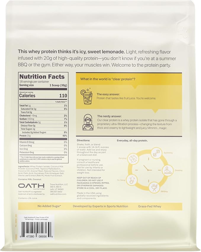 Oath Nutrition Clear Whey Isolate Protein Powder, Frosty Lemonade, 20g Complete Protein per Serving, No Added Sugar, Grass-Fed, 18 Servings