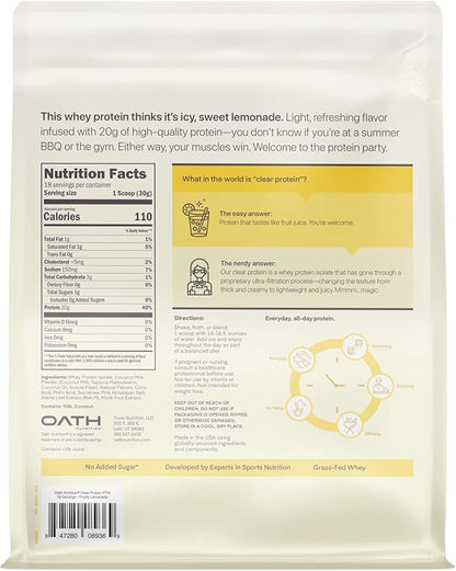 Oath Nutrition Clear Whey Isolate Protein Powder, Frosty Lemonade, 20g Complete Protein per Serving, No Added Sugar, Grass-Fed, 18 Servings